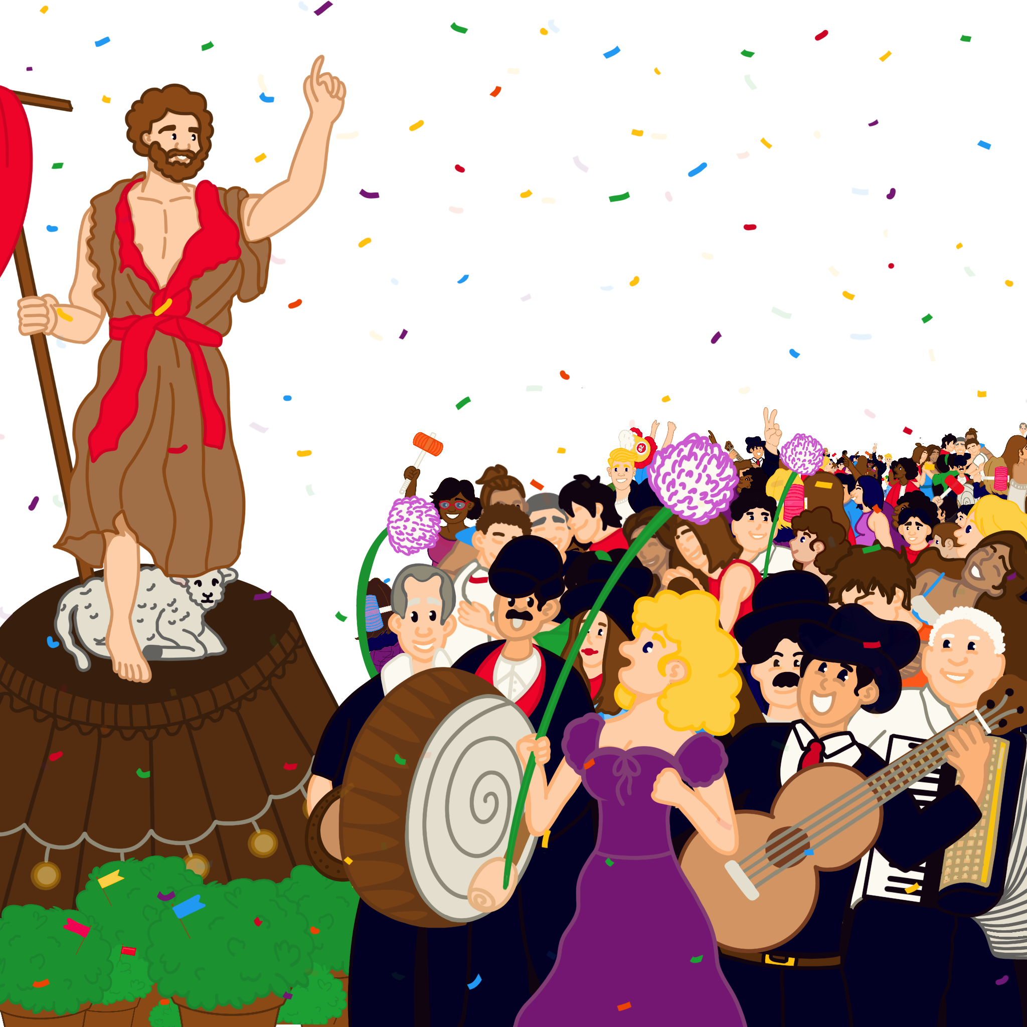 composicao da pagina sobre cheia de pessoas comuns e o santo da festa