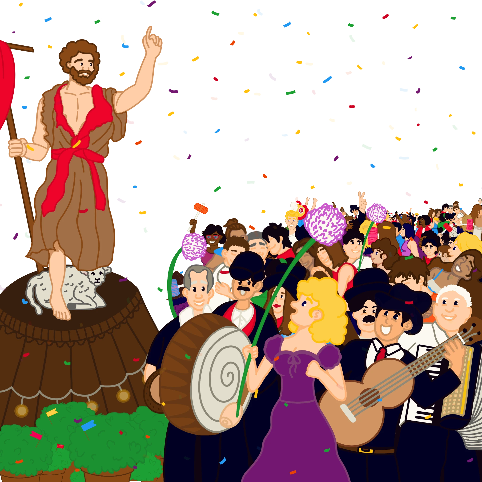 composicao da pagina sobre cheia de pessoas comuns e o santo da festa