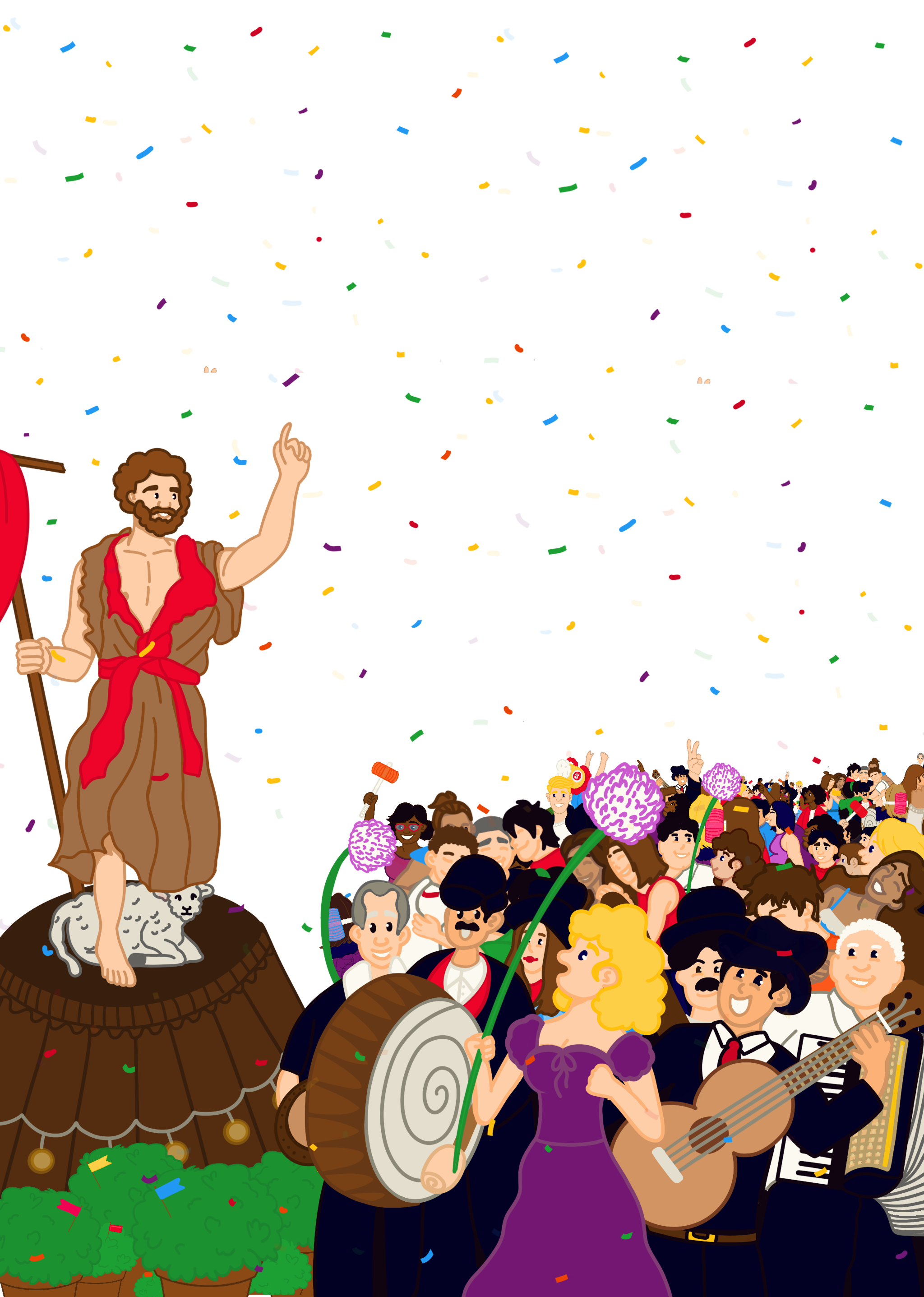 composicao da pagina sobre cheia de pessoas comuns e o santo dafesta