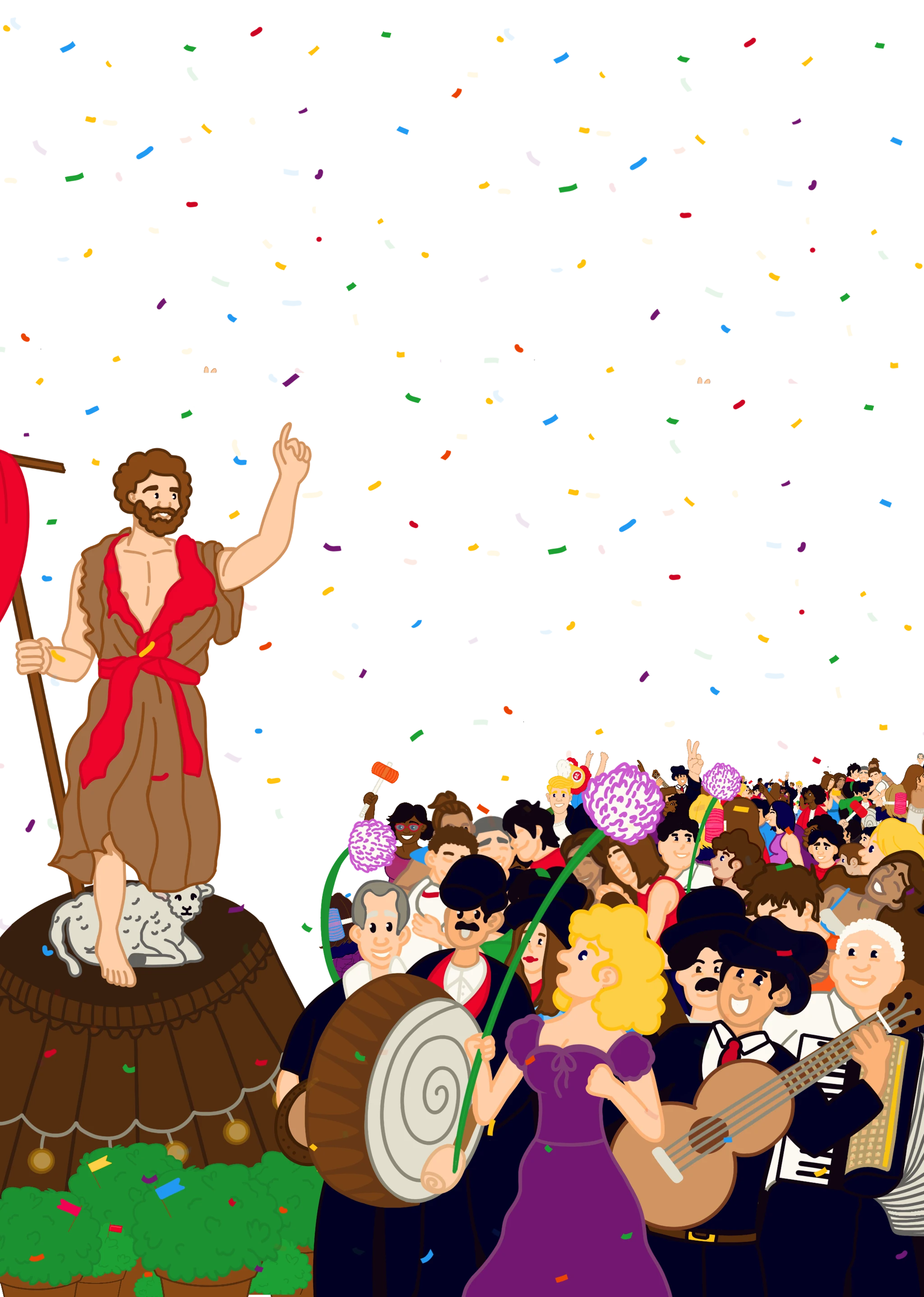 composicao da pagina sobre cheia de pessoas comuns e o santo dafesta