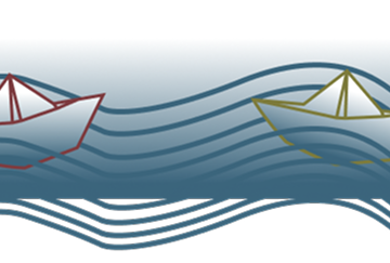 banner azul com barcos vermelhos e verdes