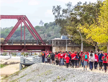 Gripo de pessoas a fazer a caminhada pela lateral do rio